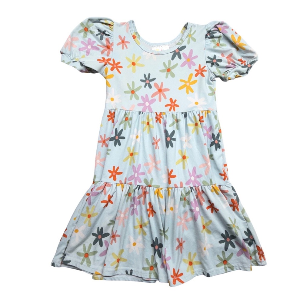 Dot Dot Smile Girls Blue Daisy Floral Tiered Puff Sleeve Dress Size 5/6